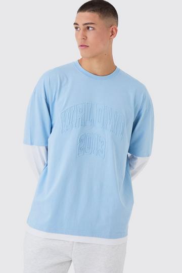 Oversized Faux Layer Varsity Embossed T-Shirt blue