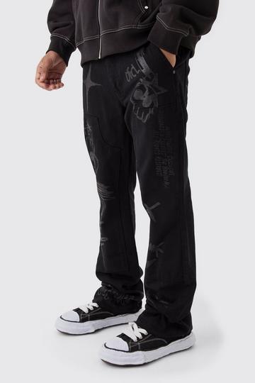 Black Fixed Waist Slim Flare Twill Laser Printed Carpenter Trousers