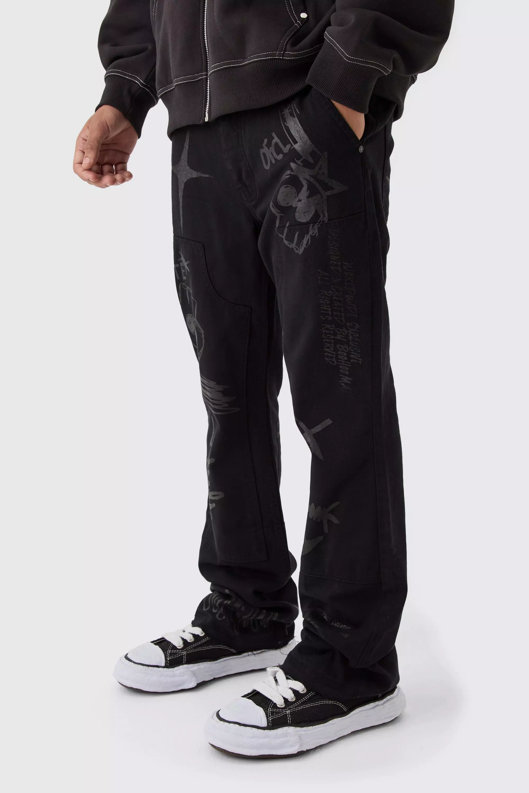Black Fixed Waist Slim Flare Twill Laser Printed Carpenter Trousers alternative image