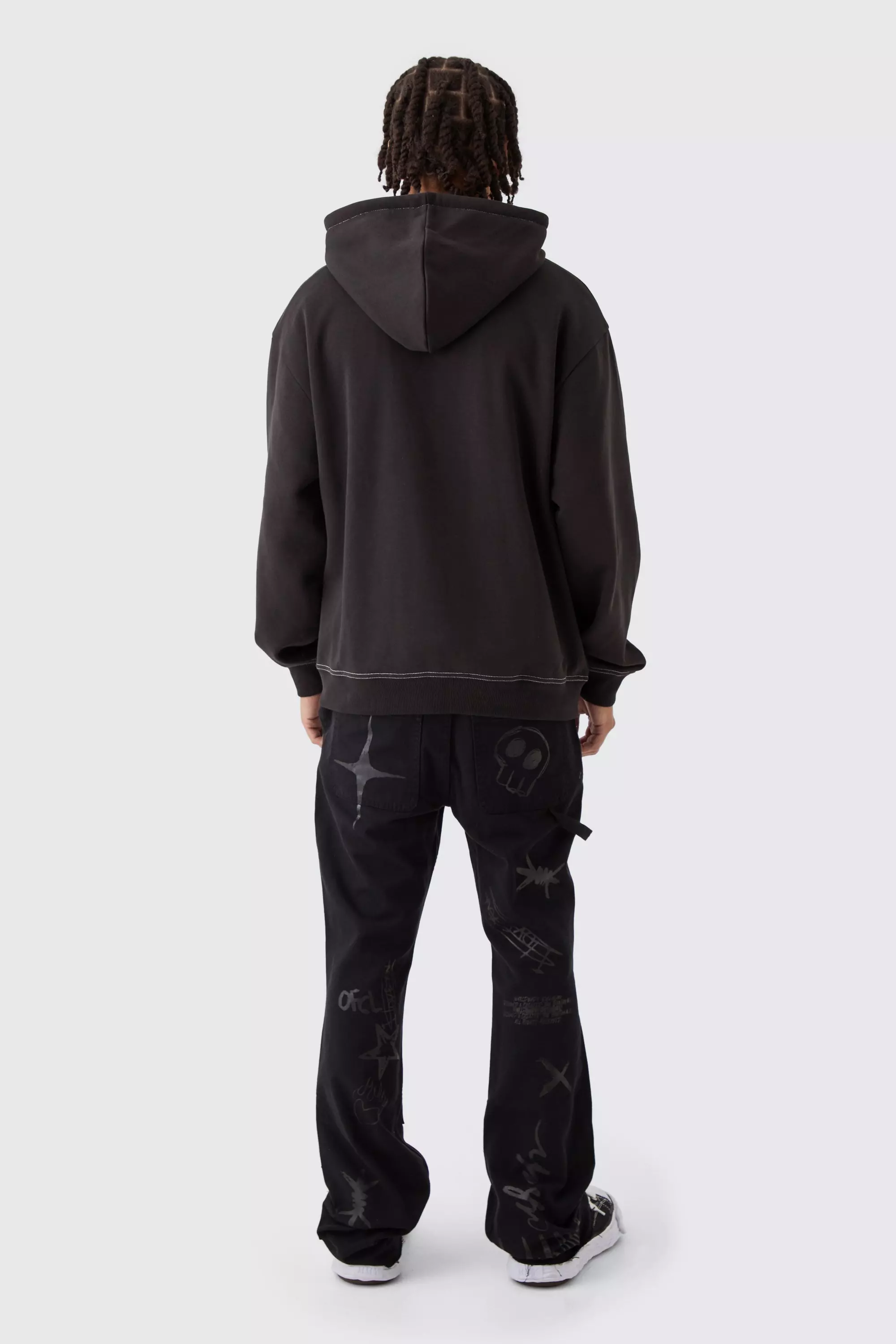 Black Fixed Waist Slim Flare Twill Laser Printed Carpenter Trousers alternative image