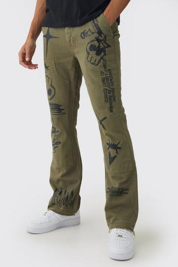 Fixed Waist Slim Flare Twill Laser Printed Carpenter Trousers khaki