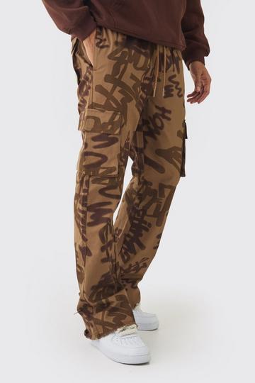 Elasticated Waist Relaxed Flare Twill Printed Cargo Trousers chocolate