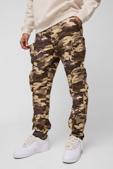 Fixed Waist Slim Twill Camo 3D Multi Pocket Cargo Trousers brown