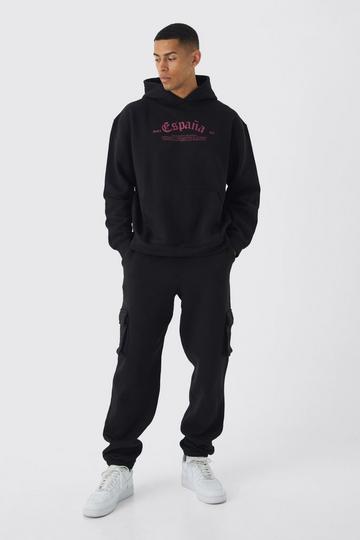 Oversized Gothic Embroidered Cargo & Hoodie Tracksuit black