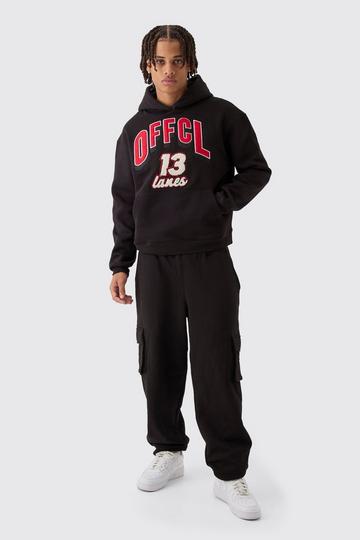 Oversized Boxy Varsity Applique Cargo & Hoodie Tracksuit black