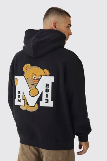 Oversized Varsity Applique Bear Hoodie black