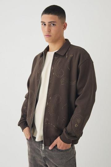 Oversized Embroidered Paisley Harrington Jacket brown