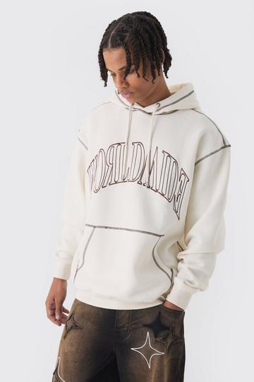 Ecru White Oversized Worldwide Contrast Stitch Hoodie