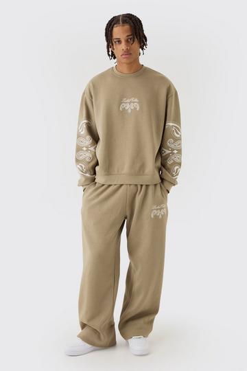 Oversized Boxy Paisley Print Sweatshirt Tracksuit taupe