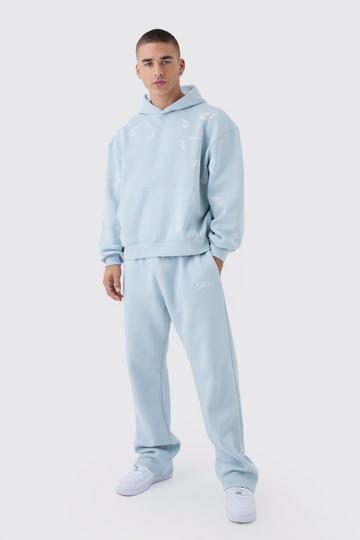 Oversized Boxy Paisley Embroidered Hooded Tracksuit light blue