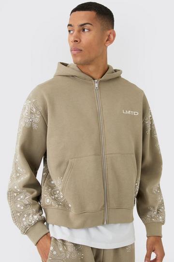 Oversized Boxy Paisley Border Zip Through Graphic Hoodie taupe