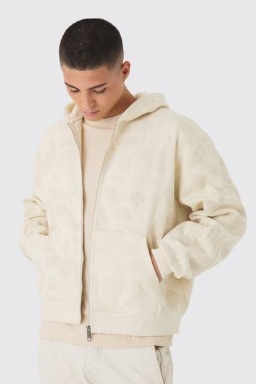 Stone Beige Oversized Boxy All Over Paisley Flocking Zip Through Hoodie