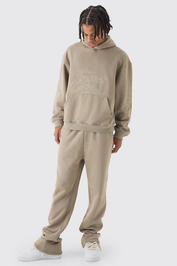 Stone Beige Oversized Boxy Cross Embroidered Gusset Hooded Tracksuit