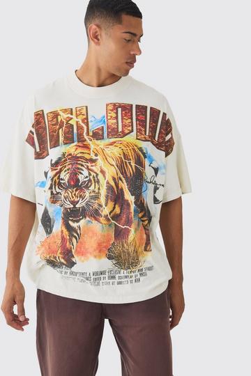 Oversized Western Worldwide Tiger Large Scale Wash Print T-Shirt ecru