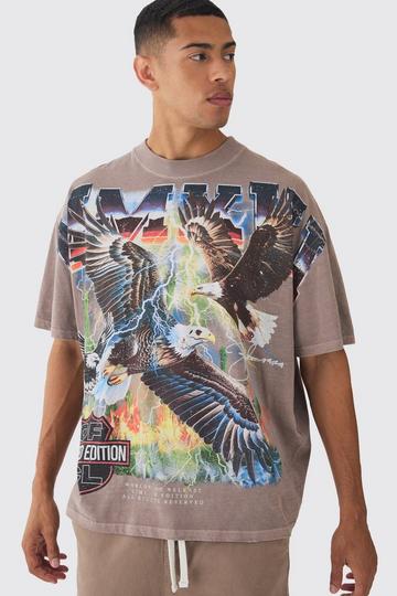 Oversized Western USA Eagle Large Scale Wash Print T-Shirt chocolate