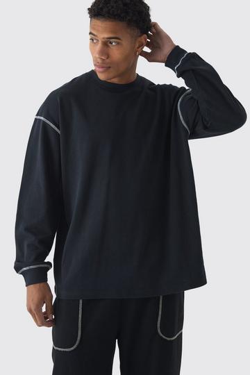 Oversized Pique Contrast Stitch Long Sleeve T- Shirt black