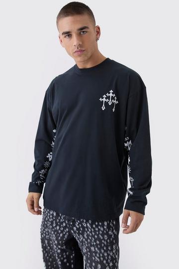 Oversized Cross Print Long Sleeve Print T-Shirt black