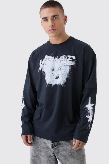 Oversized Worldwide Print Faux Layer Long T-Shirt black