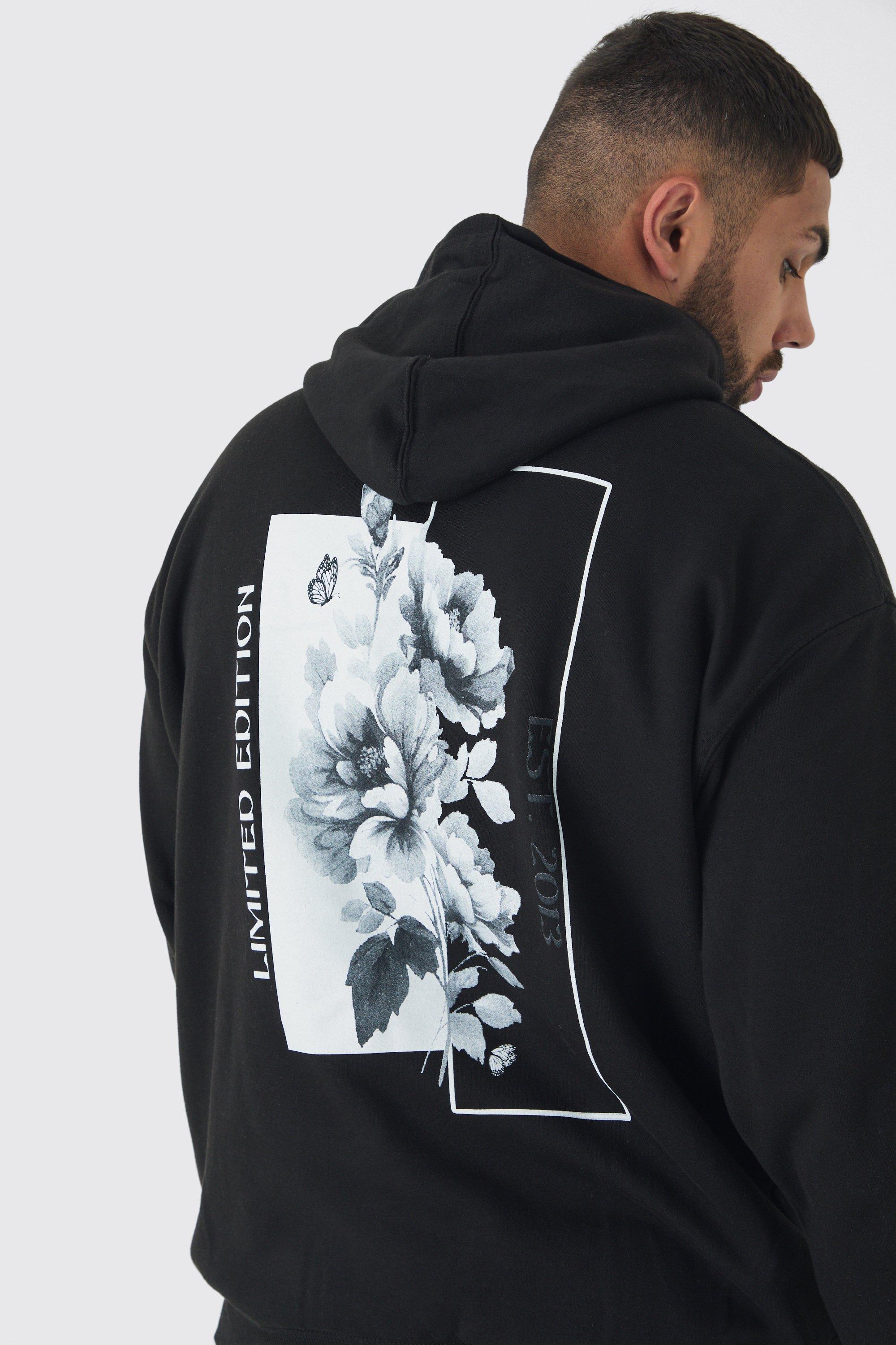 boohooMAN Men s Plus Spliced Floral Graphic Hoodie Relaxed Fit Jogger Tracksuit Black