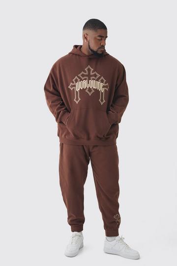 Plus Worldwide Gothic Cross Hoodie & Relaxed Fit Jogger Tracksuit chocolate