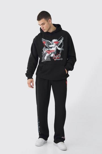 Tall Cherub Graffiti Graphic Hoodie & Relaxed Fit Jogger Tracksuit black