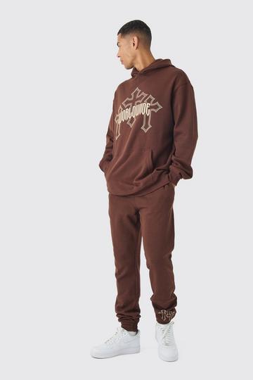 Chocolate Brown Tall Worldwide Gothic Cross Hoodie & Relaxed Fit Sweatpant Tracksuit