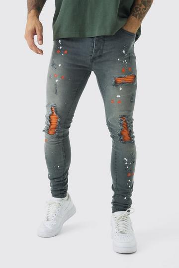 Super Skinny Stretch Biker Rip & Repair Paint Splat Jeans light grey