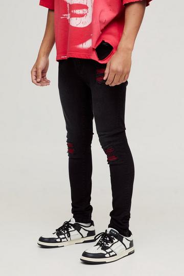 Super Skinny Stretch Biker Red Rip & Repair Jeans black