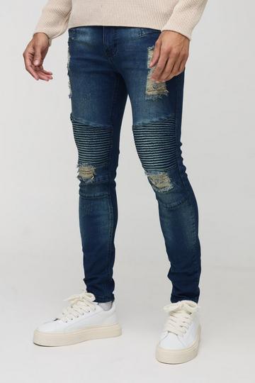 Skinny Stretch Ripped Distressed Biker Jeans vintage blue