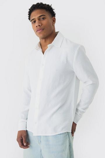 White Regular Fit Long Sleeve Linen Shirt