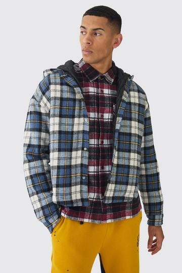 Oversized Padded Hooded Check Overshirt blue