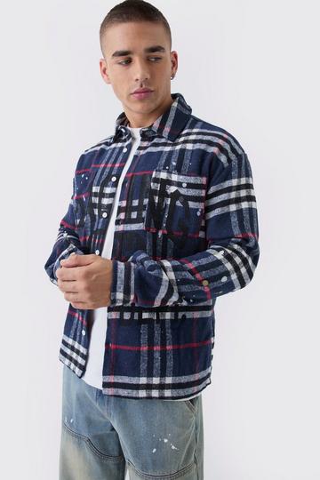 Oversized Paint Splatter Check Shirt navy