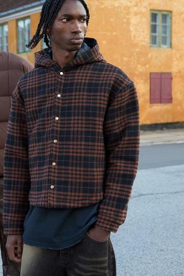 Oversized Padded Hooded Check Overshirt chocolate