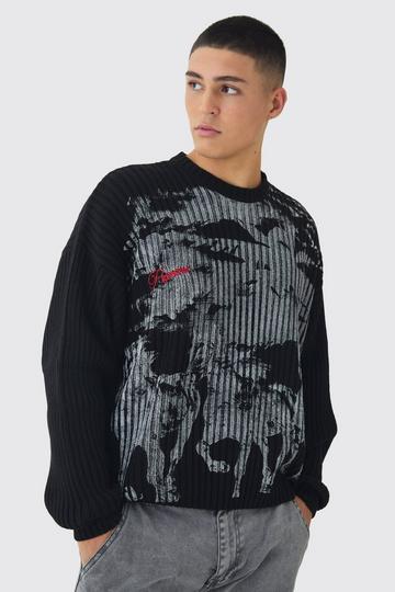 Relaxed Dropped Shoulder Graphic Print Knitted Jumper black