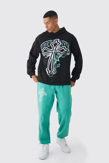 Green Oversized Washed Cross Print Tracksuit