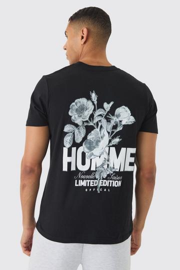 Gebleekt Slim Fit Homme Bloemen T-Shirt Met Rugopdruk black