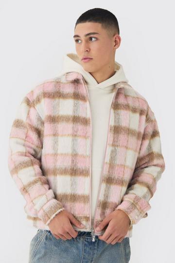 Pink Brushed Check Oversized Boxy Zip Overshirt