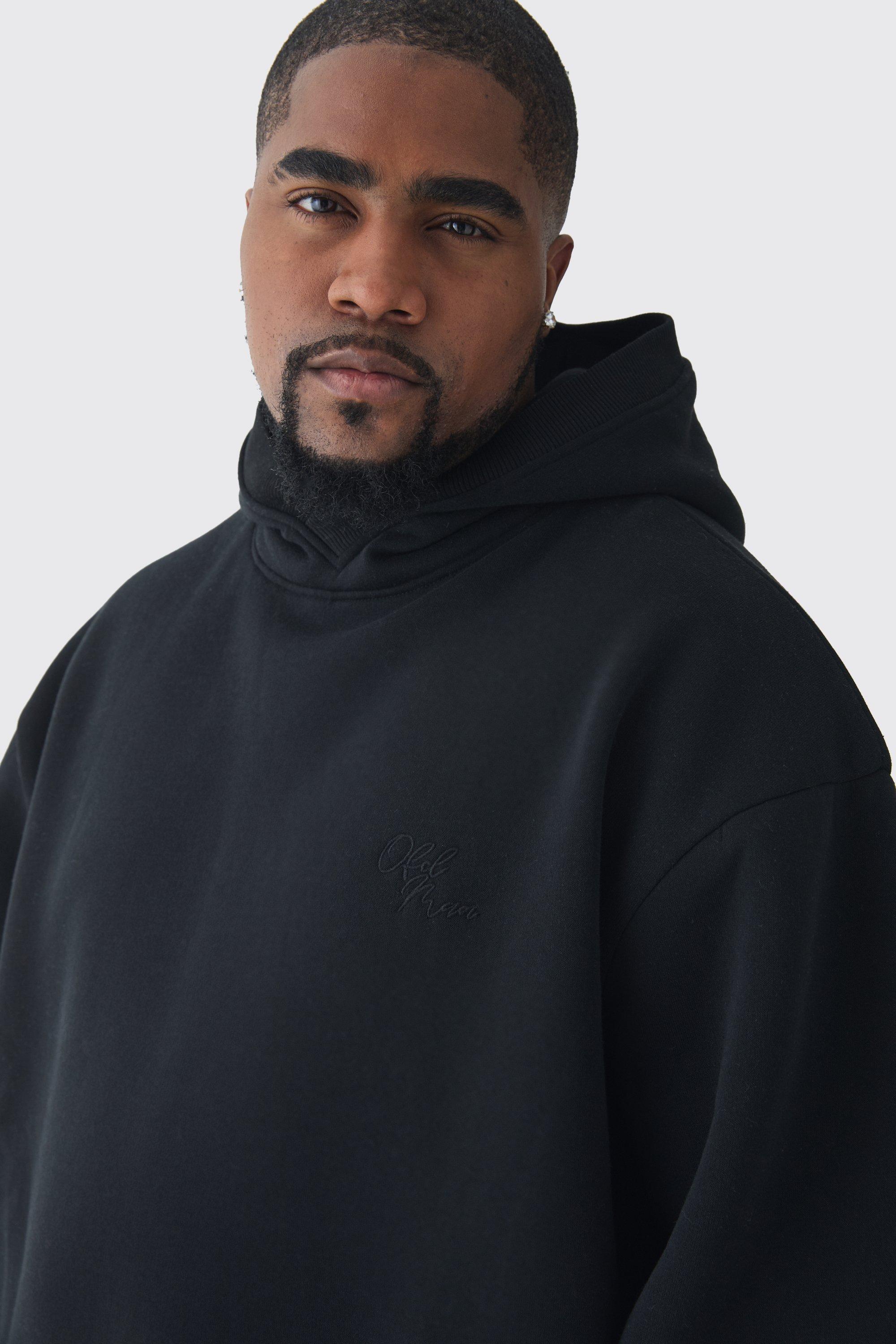 boohooMAN Men s Plus Brushed Back Embroidered V Neck Hoodie Black