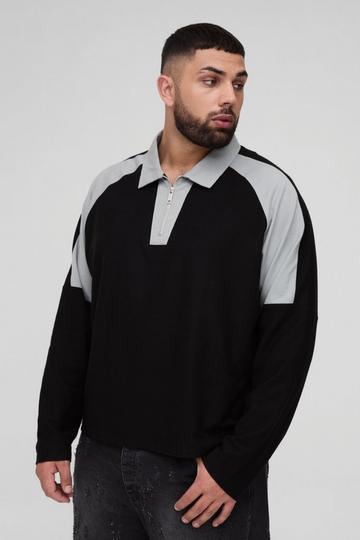 Black Plus Oversized Long Sleeve Panel Polo in Black