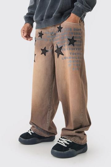 Baggy Rigid Star Applique Denim Jeans stone