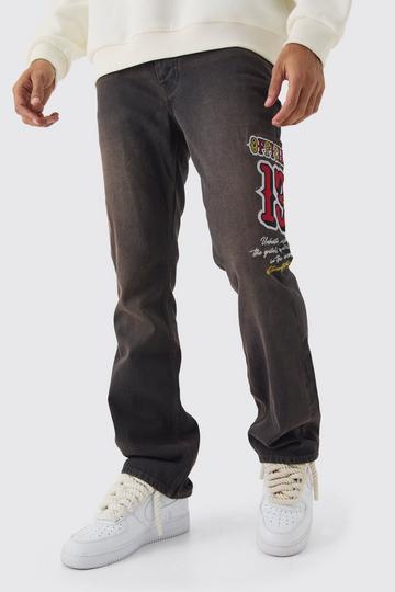 Brown Slim Rigid Flare Varsity Moto Denim Jeans