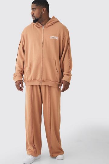 Brown Plus Oversized Zip Applique Raw Seam & Wide Fit Jogger Tracksuit