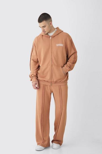 Brown Tall Oversized Zip Applique Raw Seam & Wide Fit Jogger Tracksuit