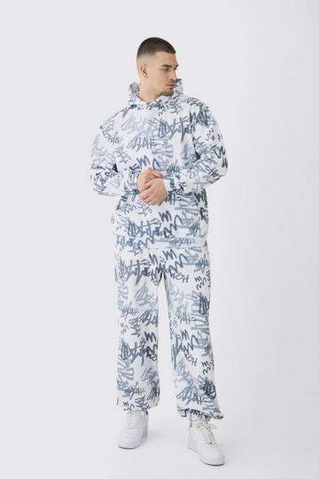 Tall Oversized Graffiti Print Hooded Wide Leg Tracksuit grey