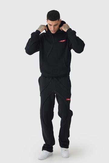 Tall Oversized Boxy Panel Print Hooded Relaxed Jogger Tracksuit black