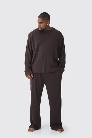 Brown Plus Long Sleeve Waffle Lounge T-shirt & Jogger Set in Chocolate