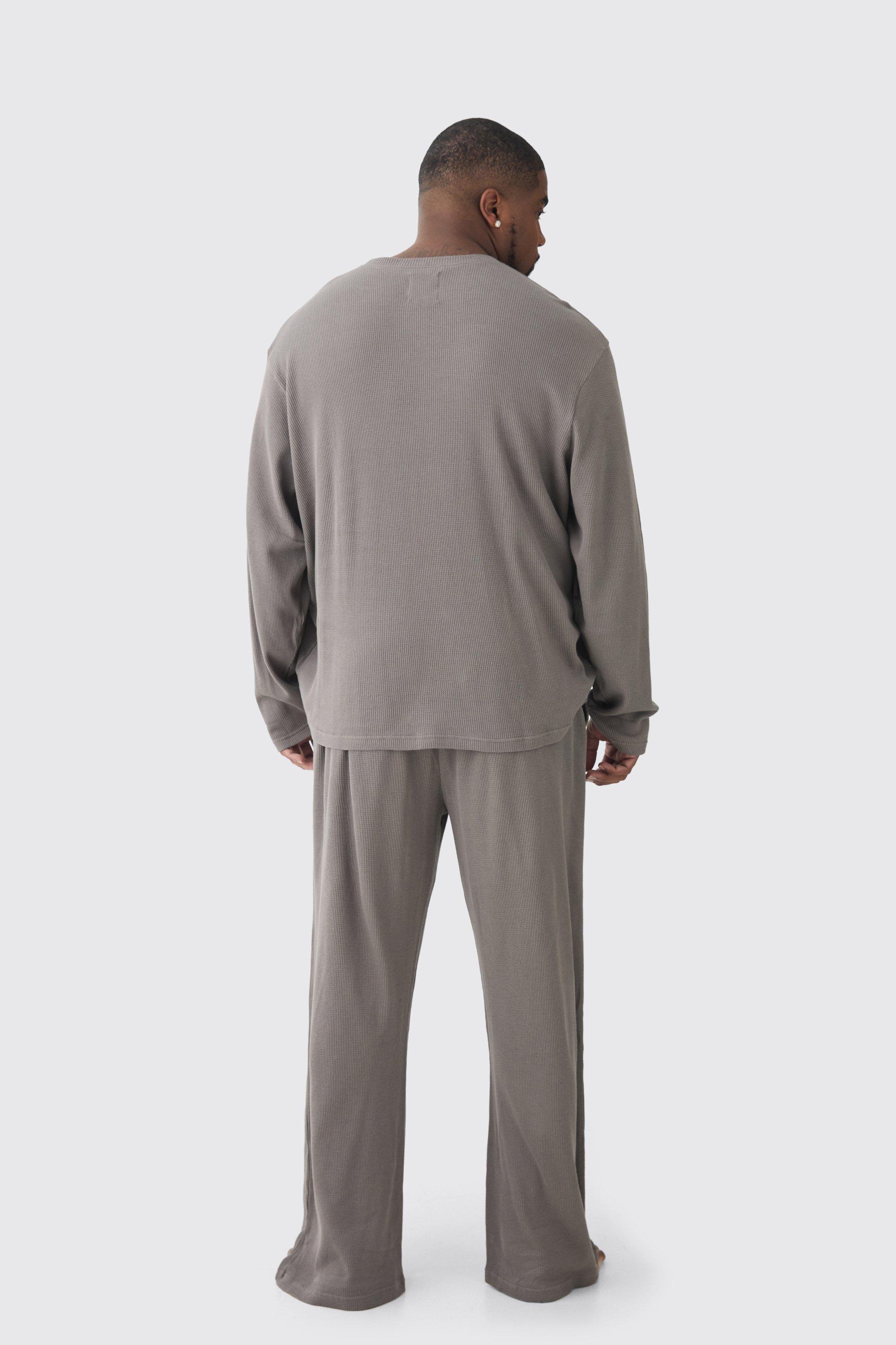 Plus Long Sleeve Waffle Lounge T shirt Jogger Set in Grey