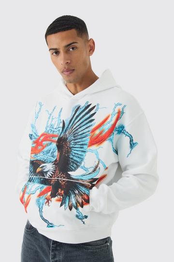 White Oversized Boxy Large Scale Lightning Eagle Graphic Hoodie