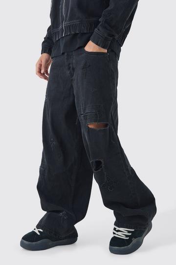 Black Baggy Rigid Cross Applique Denim Jeans