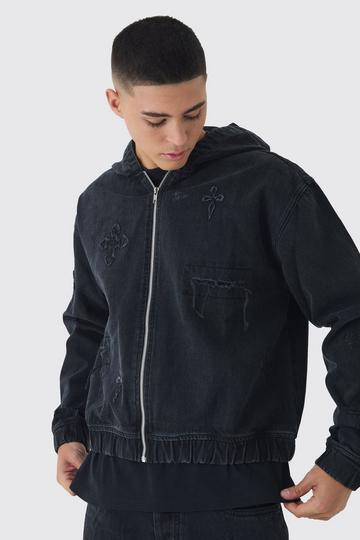 Boxy Fit Cross Applique Denim Hoodie washed black